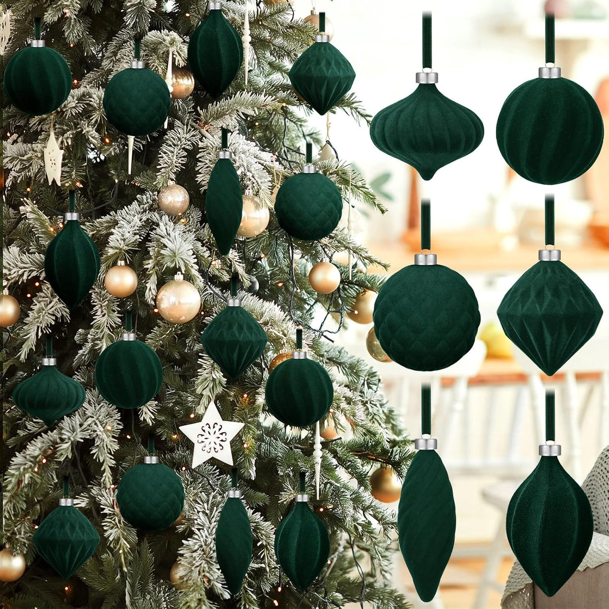 Riceshoot 24 Pcs Multi Color Flocked Velvet Christmas Ball Ornaments | Muted Tones in 6 Shapes, Soft Matte Finish, Ribbon Ready to Hang, Shatterproof Xmas Tree Wreath Garland Mantel Decor