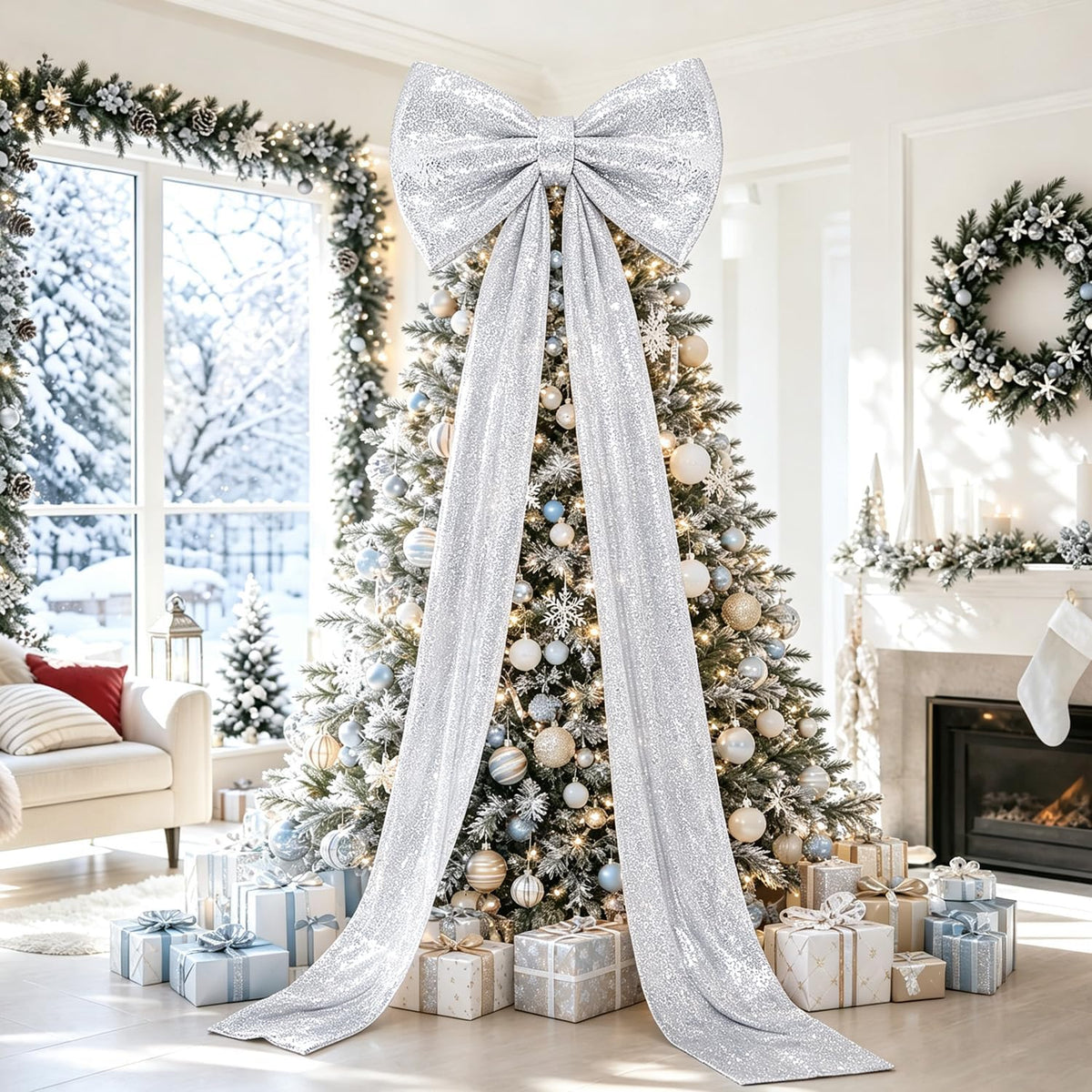 Halloween Giant Bow Decor Black Christmas Tree Topper Decor Sequin Big Bows with Long Ribbon 75 x 23 Inch Large Sparkly Bow for Halloween Front Door Wreath Party Backdrop Christmas Tree Topper Decor