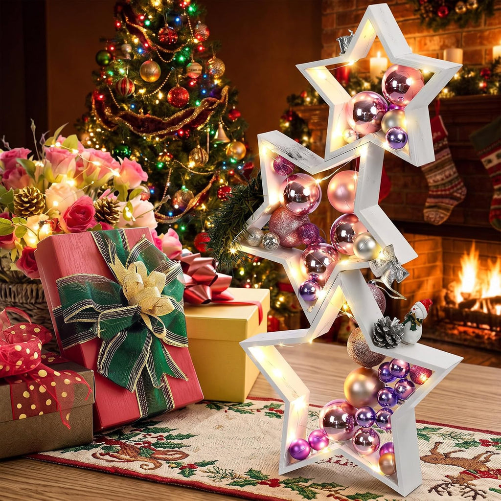 Cinnvoice 3 Pcs Christmas Wooden Decoration for Home Mantel Tabletop | Farmhouse Stars with Hollow Frame, Three Sizes for DIY Ornaments, Mantel Displays and Xmas Holiday Styling, Table Centerpiece