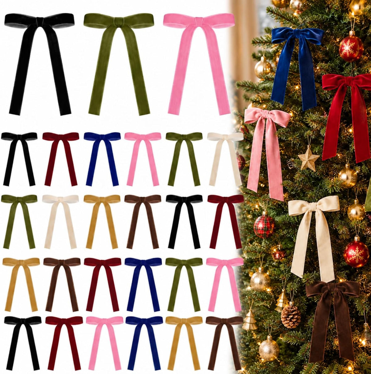 Glitinsel 24 Pcs Velvet Christmas Tree Bow, 10x18,1 w, Pastel | Vintage Christmas Ornaments Bow Velvet Ribbon Bows for Christmas Tree Garland Wreath Holiday Home Decorations