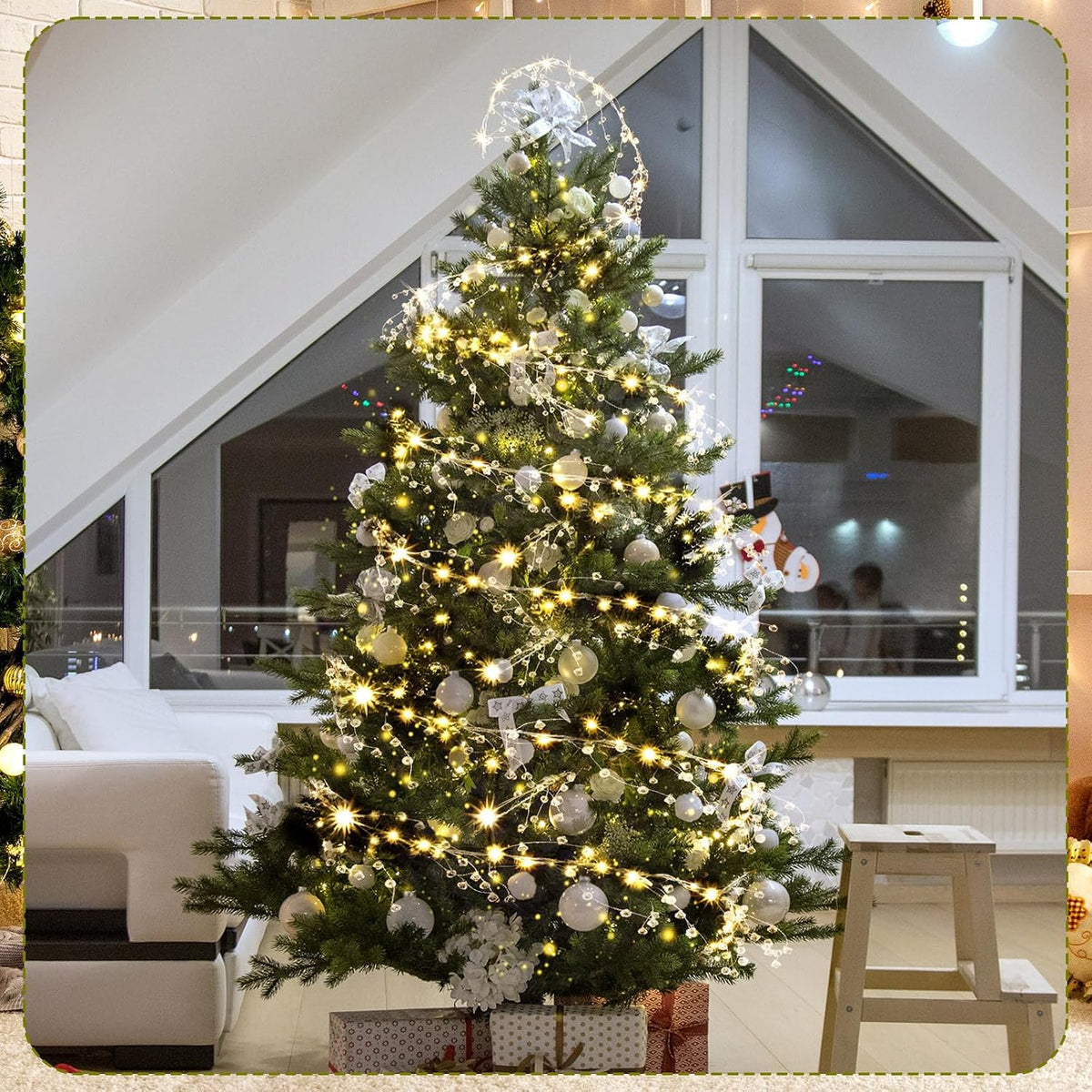 Glooglitter 40 ft Christmas Tree Crystal Garland Decor Fairy Lights | 98ft 300 LED Lights with Crystal Drop Ornaments & Iron Wire, USB Operated Sparkling Christmas Tree Decor for Winter Indoor