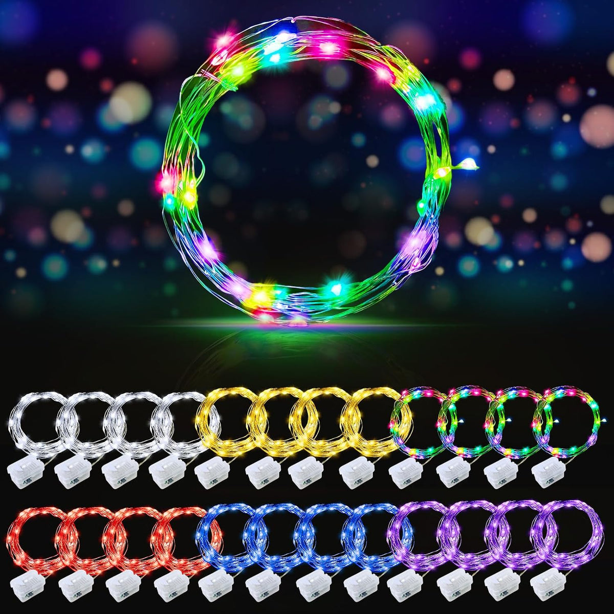 AIKEI 48 Pack LED Fairy Lights Battery Operated, Mini String Lights Waterproof 7 Feet 20 Led Firefly Starry Lighting for Wedding Party Bedroom Garden Halloween Christmas Decoration Colorful