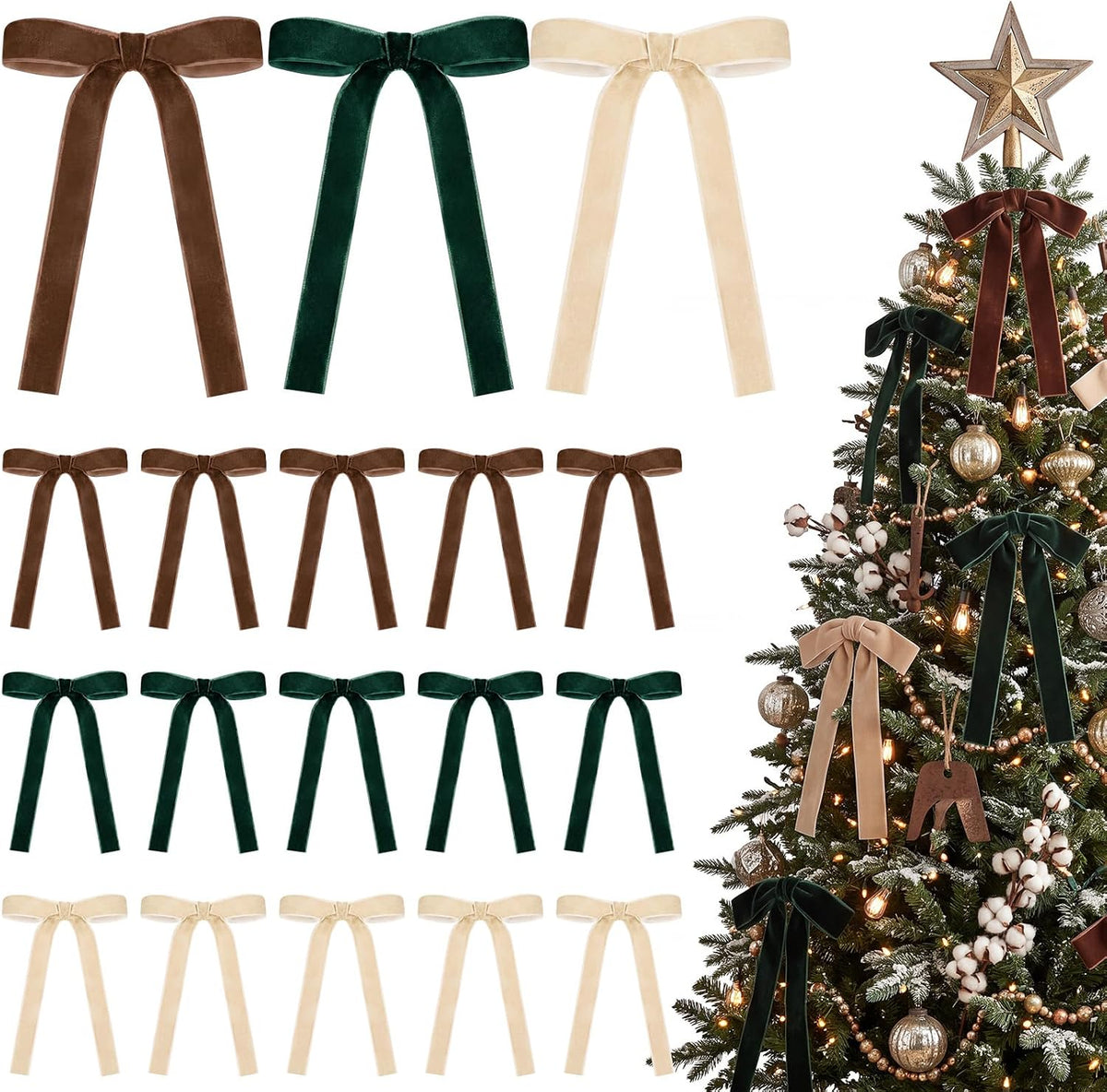Glitinsel 24 Pcs Velvet Christmas Tree Bow, 10x18,1 w, Pastel | Vintage Christmas Ornaments Bow Velvet Ribbon Bows for Christmas Tree Garland Wreath Holiday Home Decorations