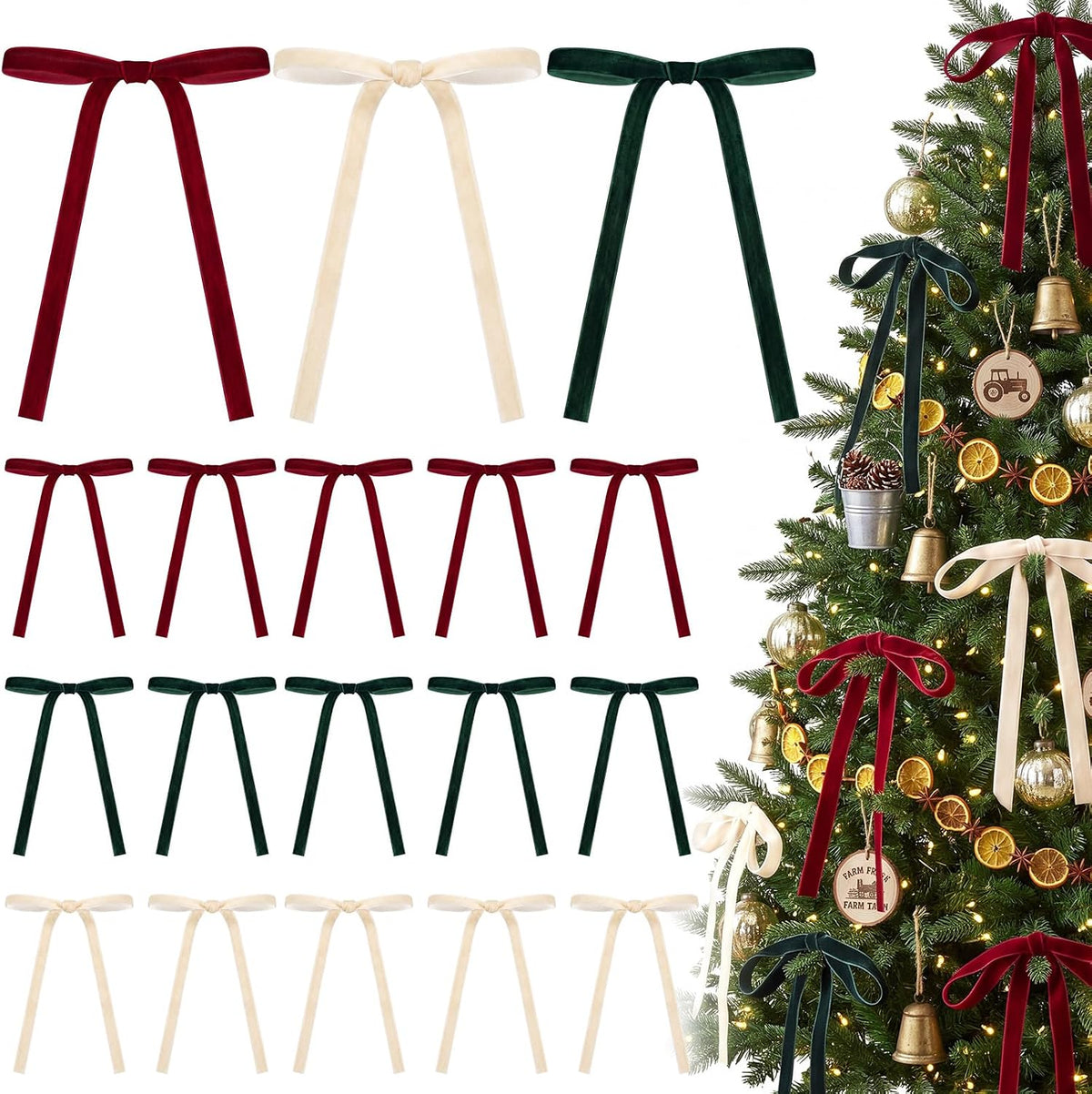 Glitinsel 24 Pcs Velvet Christmas Tree Bow, 10x18,1 w, Pastel | Vintage Christmas Ornaments Bow Velvet Ribbon Bows for Christmas Tree Garland Wreath Holiday Home Decorations