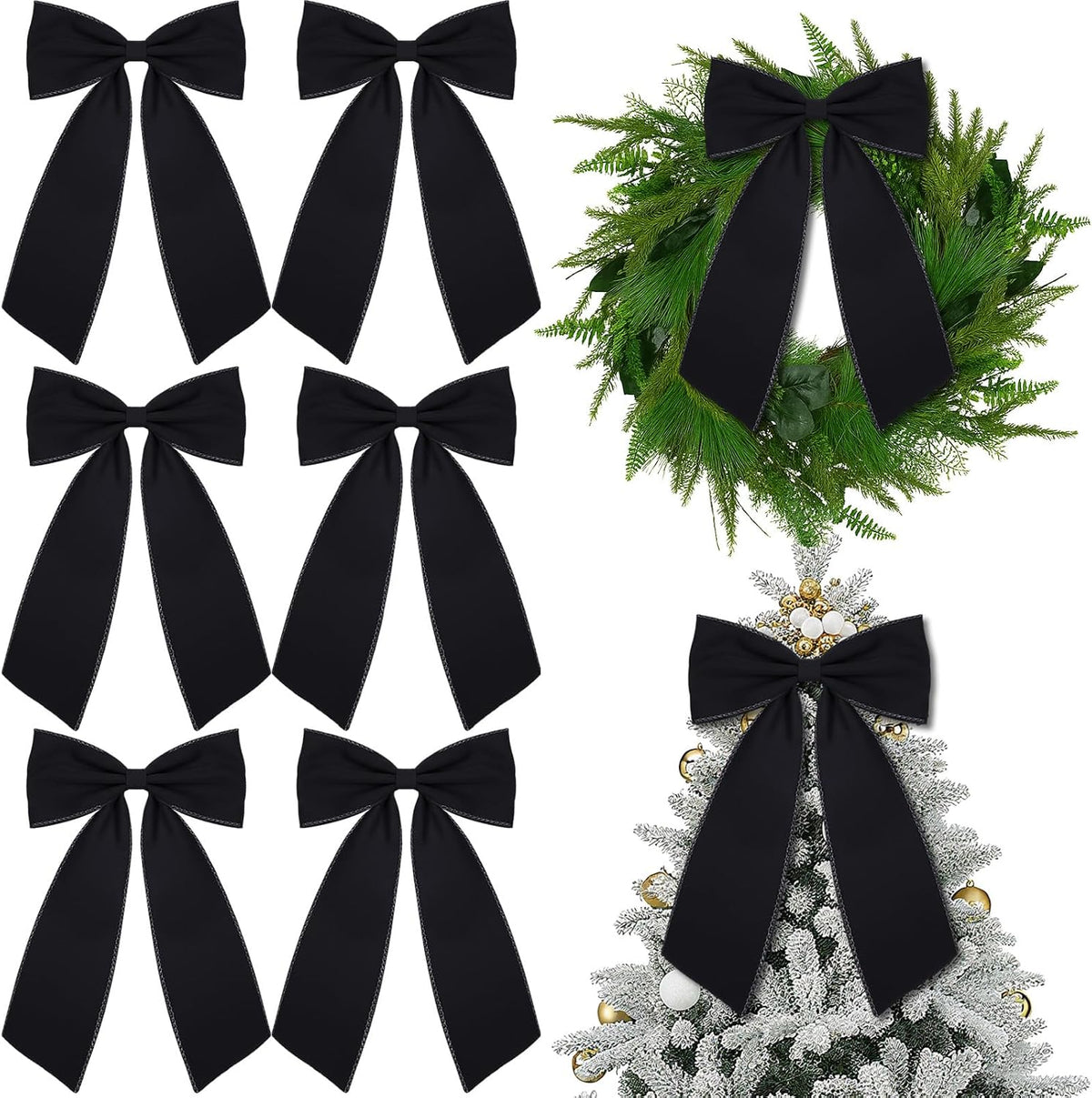 12 Pcs Black Large Christmas Velvet Bow, Xmas Tree Decor | 10x16 Inch Ribbon Design, Ideal for Wreath Garland Banner, Napkin Rings, Fireplace Indoor Outdoor Holiday Decoration