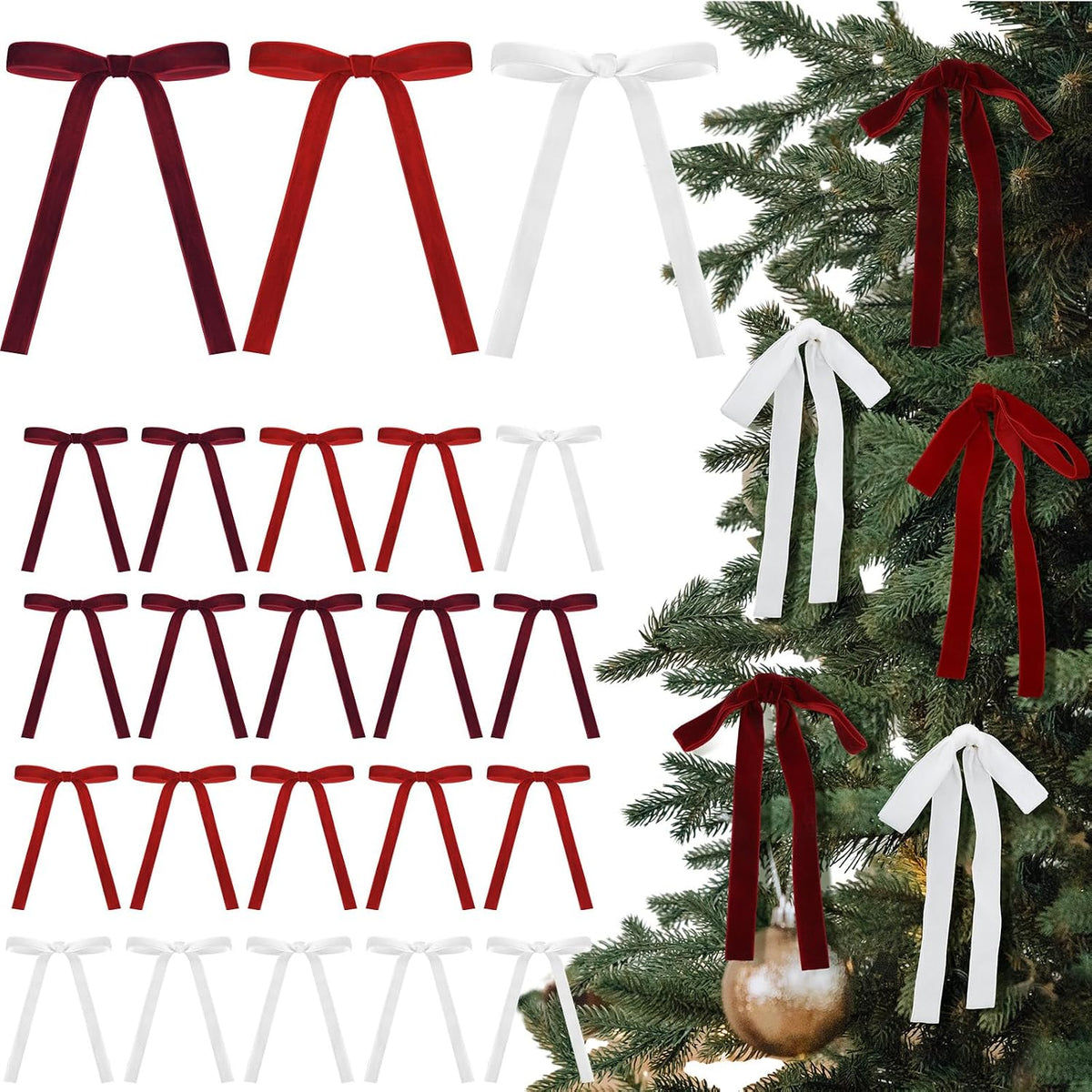Glitinsel 24 Pcs Velvet Christmas Tree Bow, 10x18,1 w, Pastel | Vintage Christmas Ornaments Bow Velvet Ribbon Bows for Christmas Tree Garland Wreath Holiday Home Decorations