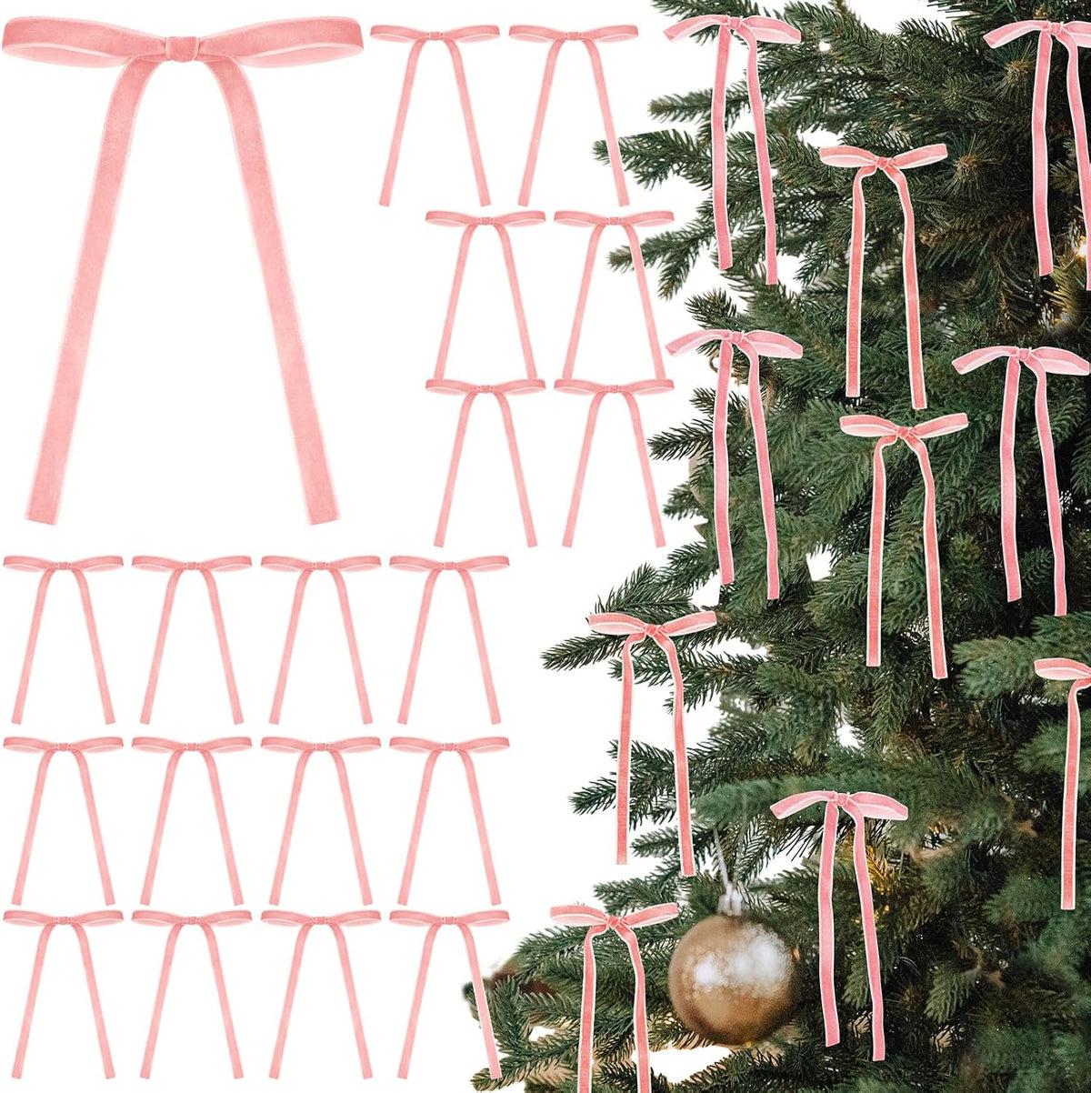 Glitinsel 24 Pcs Velvet Christmas Tree Bow, 10x18,1 w, Pastel | Vintage Christmas Ornaments Bow Velvet Ribbon Bows for Christmas Tree Garland Wreath Holiday Home Decorations