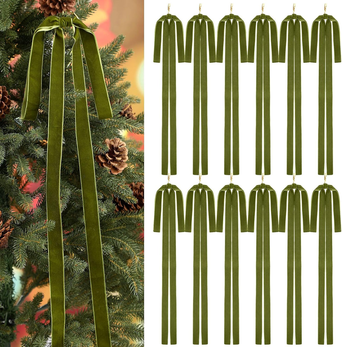 Janinka 12 Pcs Long Red Christmas Velvet Bow Ornament Vintage Tree Decor | 23.5x15.5 Inch, Large Ribbon Bows, Vintage Christmas Ornament, Swag, Staircase, Wreath, Tree Topper, Xmas Ornaments for Tree