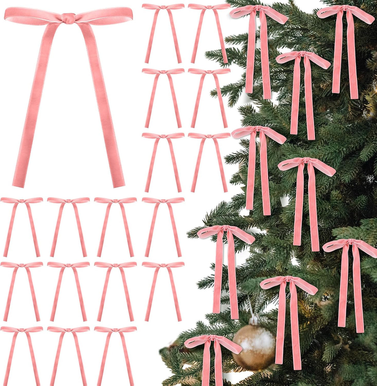 Glitinsel 24 Pcs Velvet Christmas Tree Bow, 10x18,1 w, Pastel | Vintage Christmas Ornaments Bow Velvet Ribbon Bows for Christmas Tree Garland Wreath Holiday Home Decorations