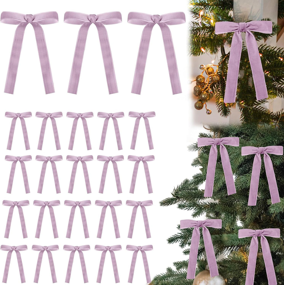 Glitinsel 24 Pcs Velvet Christmas Tree Bow, 10x18,1 w, Pastel | Vintage Christmas Ornaments Bow Velvet Ribbon Bows for Christmas Tree Garland Wreath Holiday Home Decorations