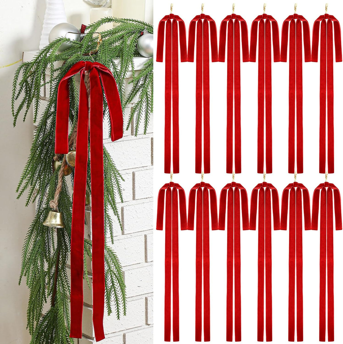 Janinka 12 Pcs Long Red Christmas Velvet Bow Ornament Vintage Tree Decor | 23.5x15.5 Inch, Large Ribbon Bows, Vintage Christmas Ornament, Swag, Staircase, Wreath, Tree Topper, Xmas Ornaments for Tree