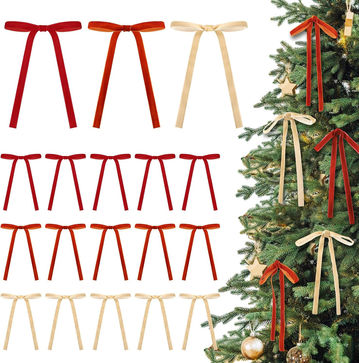 Glitinsel 24 Pcs Velvet Christmas Tree Bow, 10x18,1 w, Pastel | Vintage Christmas Ornaments Bow Velvet Ribbon Bows for Christmas Tree Garland Wreath Holiday Home Decorations