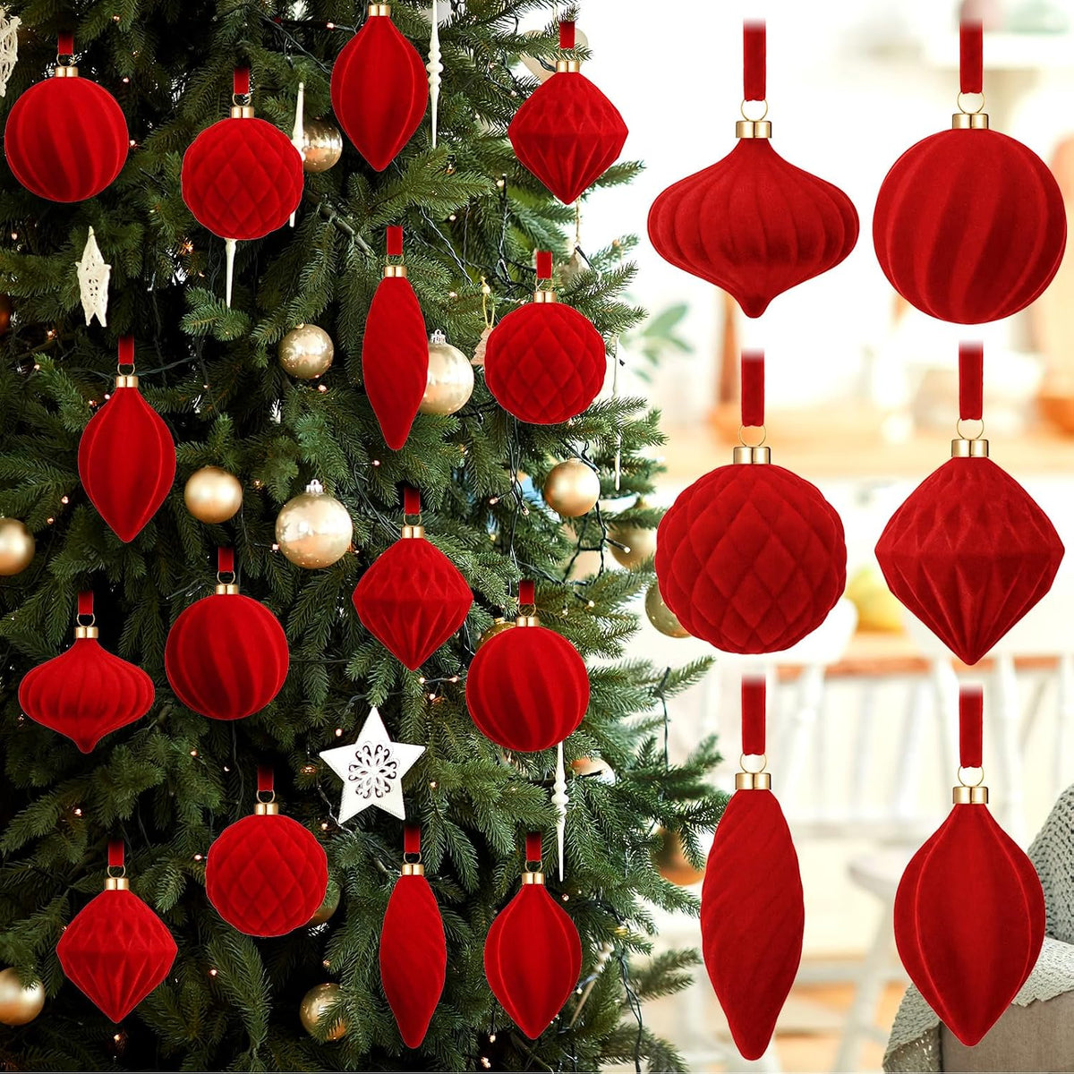Riceshoot 24 Pcs Multi Color Flocked Velvet Christmas Ball Ornaments | Muted Tones in 6 Shapes, Soft Matte Finish, Ribbon Ready to Hang, Shatterproof Xmas Tree Wreath Garland Mantel Decor