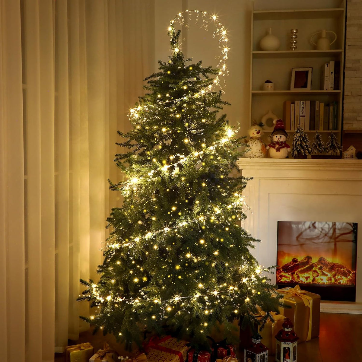Glooglitter 40 ft Christmas Tree Crystal Garland Decor Fairy Lights | 98ft 300 LED Lights with Crystal Drop Ornaments & Iron Wire, USB Operated Sparkling Christmas Tree Decor for Winter Indoor