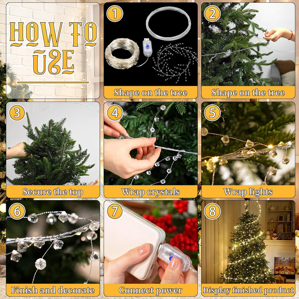 Glooglitter 40 ft Christmas Tree Crystal Garland Decor Fairy Lights | 98ft 300 LED Lights with Crystal Drop Ornaments & Iron Wire, USB Operated Sparkling Christmas Tree Decor for Winter Indoor