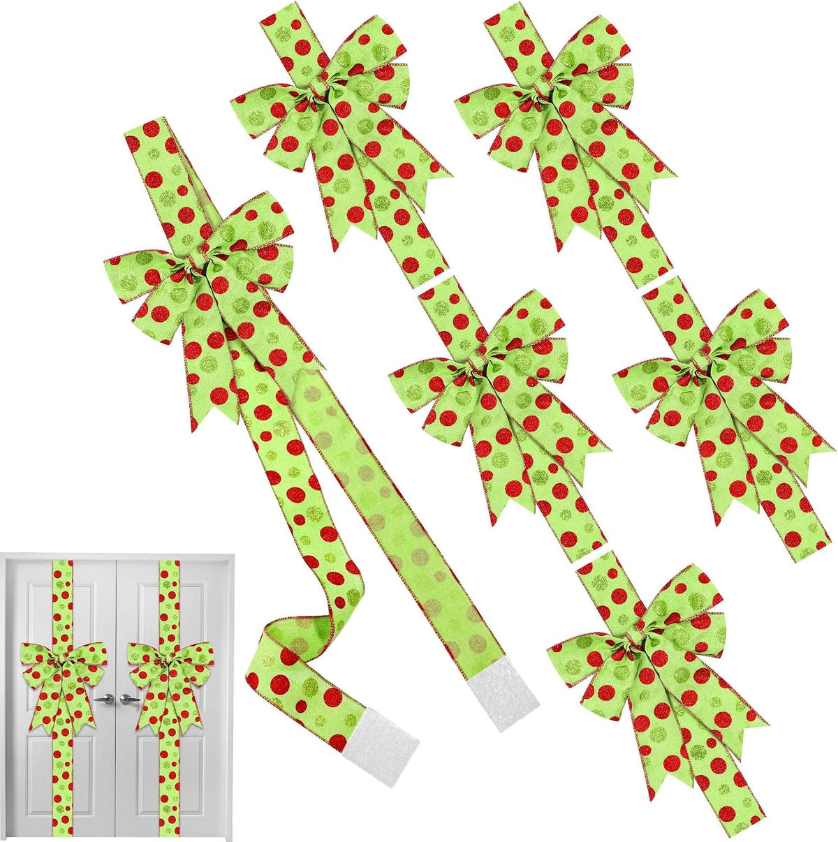 MCEAST 6-Piece Christmas Cabinet Bows, Red & Green Polka Dot, 10x87 Inches, Polyester, Christmas Occasion