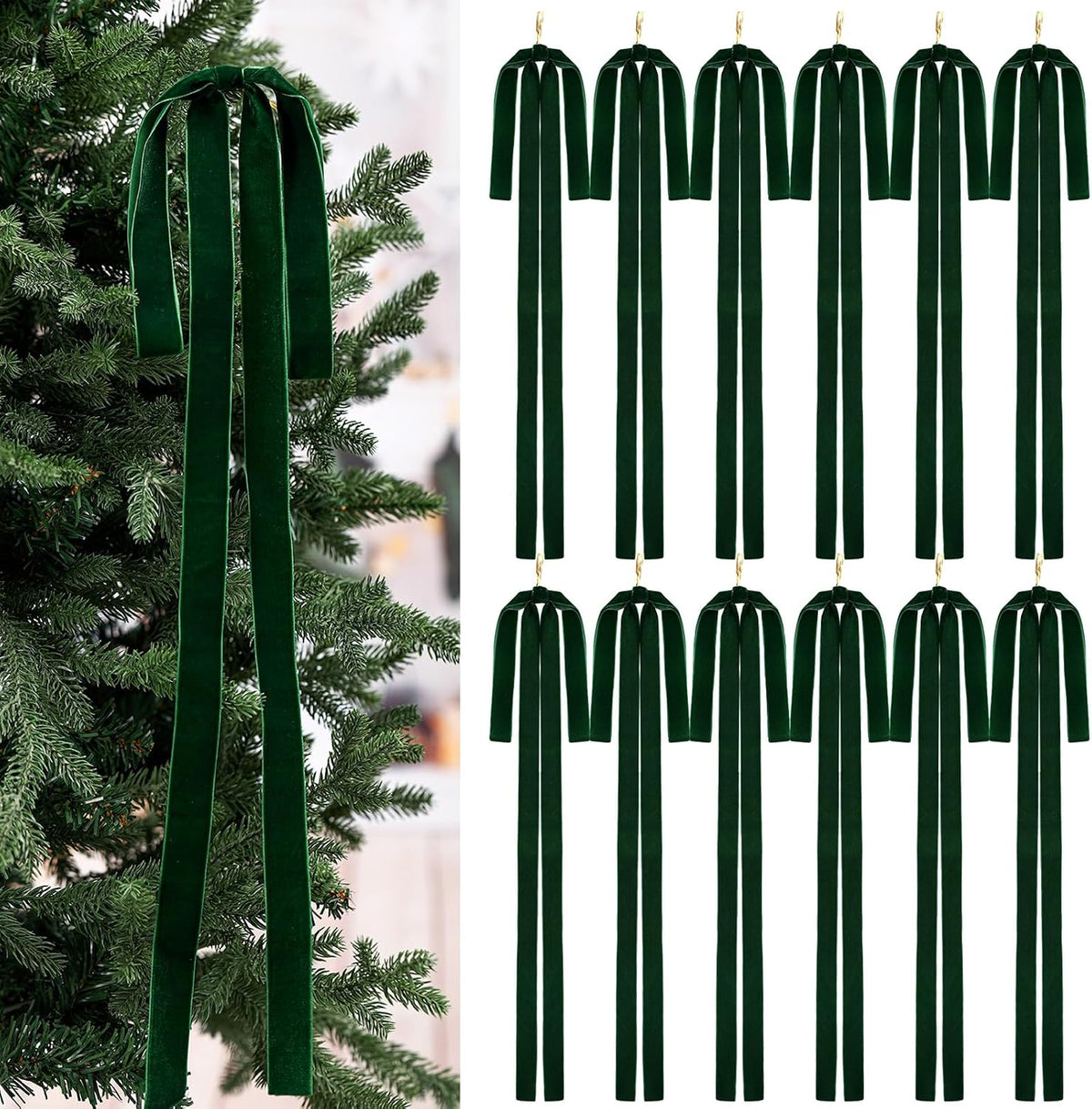Janinka 12 Pcs Long Red Christmas Velvet Bow Ornament Vintage Tree Decor | 23.5x15.5 Inch, Large Ribbon Bows, Vintage Christmas Ornament, Swag, Staircase, Wreath, Tree Topper, Xmas Ornaments for Tree
