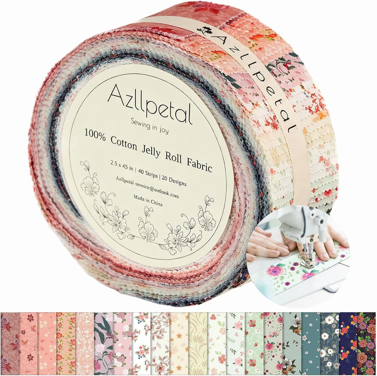 Green & Red Jelly Roll Fabric for Quilting, Christmas Clearance Strips | 2.5 x 45” Strips, 40 Pcs with 20 Floral Patterns, 100% Cotton, 160GSM Plain Weave Fabric for Christmas Quilting, Home Decor