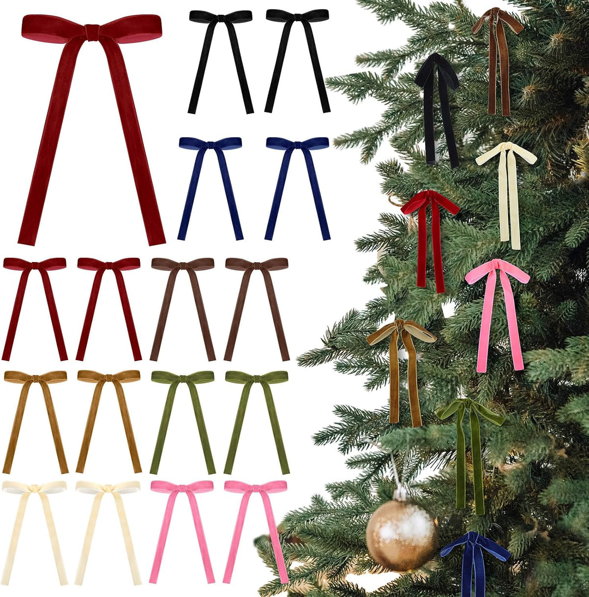 Glitinsel 24 Pcs Velvet Christmas Tree Bow, 10x18,1 w, Pastel | Vintage Christmas Ornaments Bow Velvet Ribbon Bows for Christmas Tree Garland Wreath Holiday Home Decorations