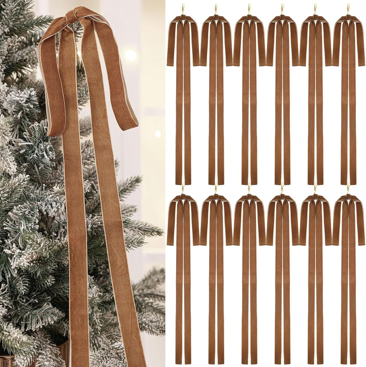 Janinka 12 Pcs Long Red Christmas Velvet Bow Ornament Vintage Tree Decor | 23.5x15.5 Inch, Large Ribbon Bows, Vintage Christmas Ornament, Swag, Staircase, Wreath, Tree Topper, Xmas Ornaments for Tree