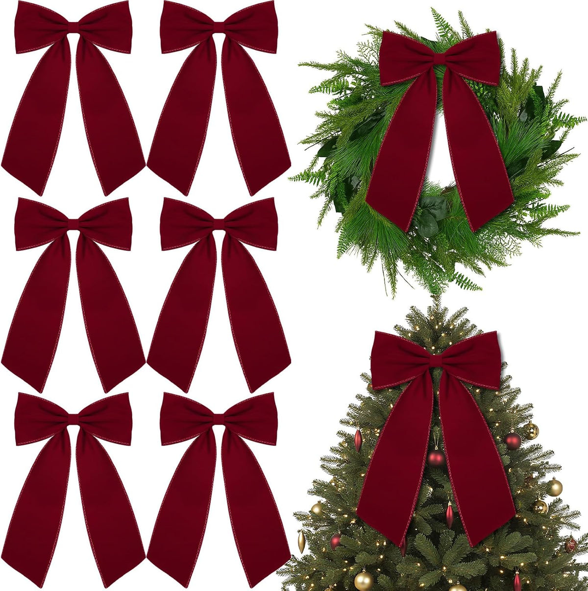 12 Pcs Black Large Christmas Velvet Bow, Xmas Tree Decor | 10x16 Inch Ribbon Design, Ideal for Wreath Garland Banner, Napkin Rings, Fireplace Indoor Outdoor Holiday Decoration