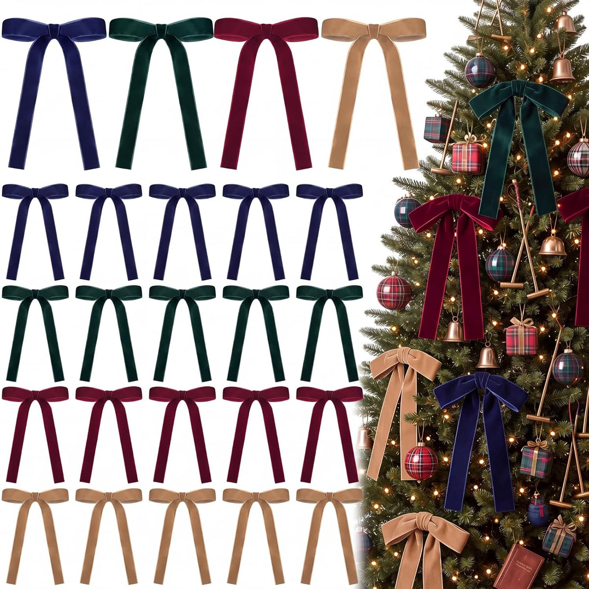 Glitinsel 24 Pcs Velvet Christmas Tree Bow, 10x18,1 w, Pastel | Vintage Christmas Ornaments Bow Velvet Ribbon Bows for Christmas Tree Garland Wreath Holiday Home Decorations