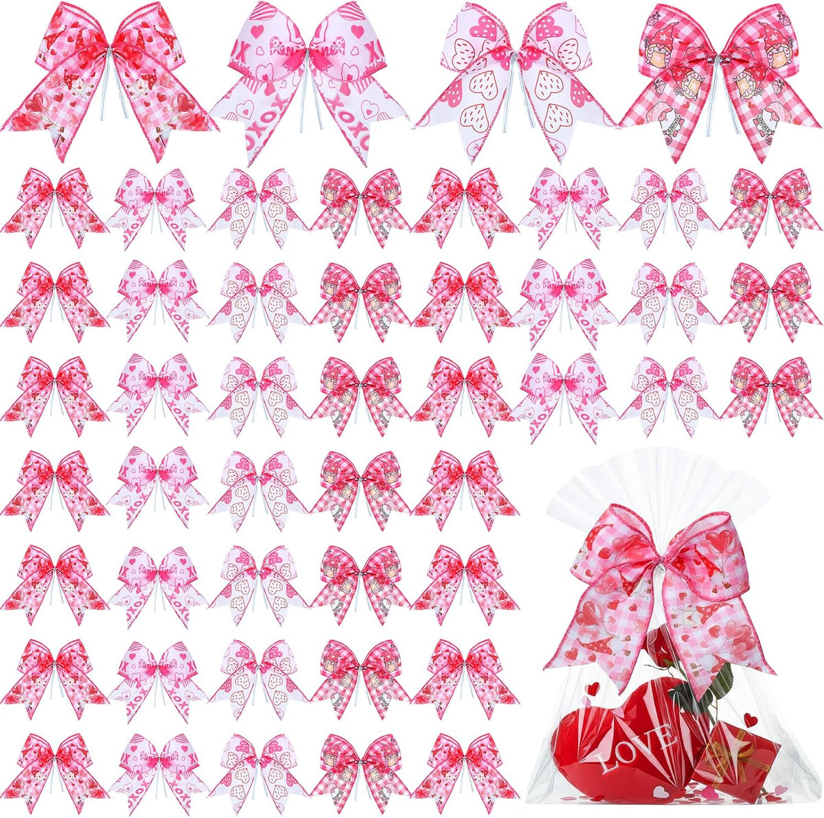 Daifunli 48 Pcs 6 Inch Christmas Bows for Wreaths | Polyester Bows in 4 Patterns, Built-in Cable Ties, Christmas Gifts, Baskets, Wreaths And Party Decor