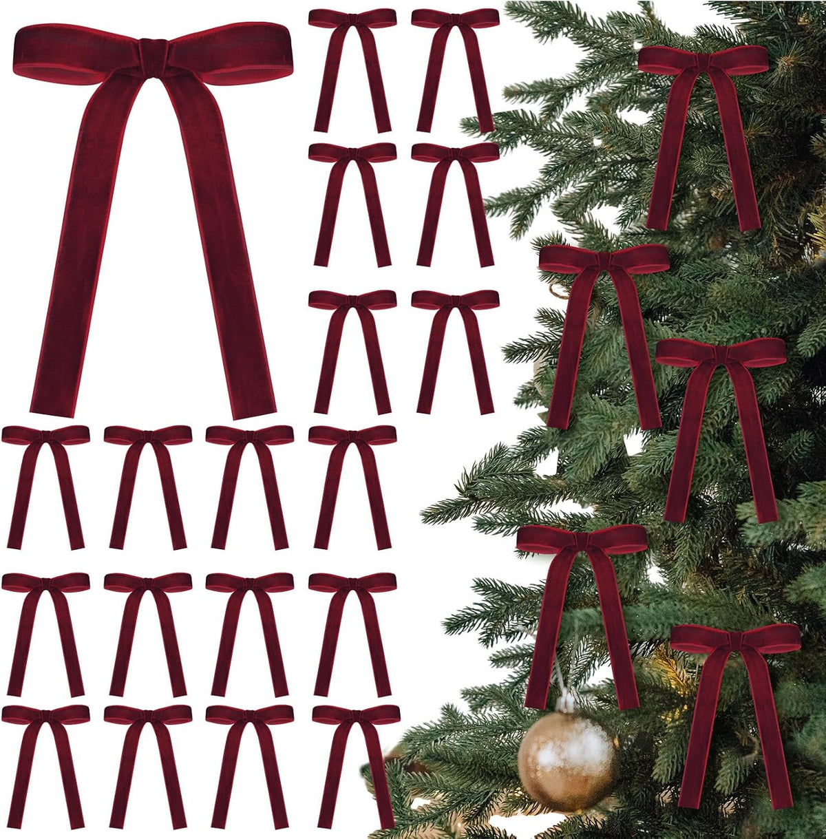 Glitinsel 24 Pcs Velvet Christmas Tree Bow, 10x18,1 w, Pastel | Vintage Christmas Ornaments Bow Velvet Ribbon Bows for Christmas Tree Garland Wreath Holiday Home Decorations