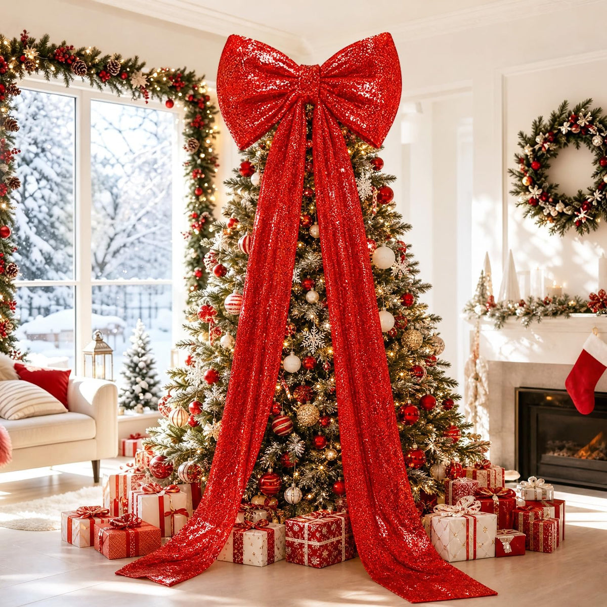 PATYDEST Giant Bow Red Christmas Tree Topper Decor Sequin Large Bow with Long Ribbon 75x23 Inch Gaint Xmas Tree Toppers Decor 3D Big Bows for Christmas Front Door Home Wreath Wall Backdrop Party