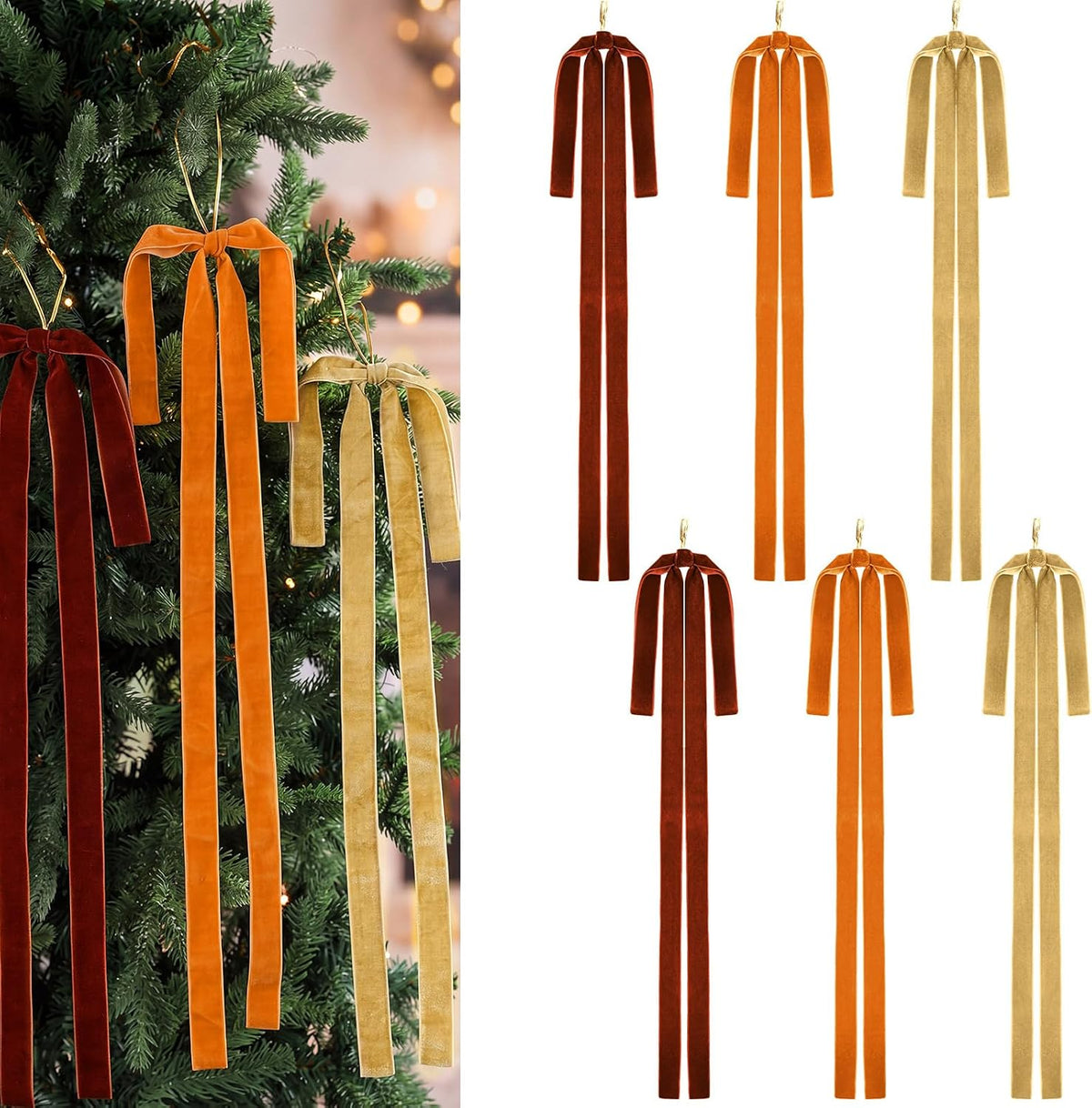 Janinka 12 Pcs Long Red Christmas Velvet Bow Ornament Vintage Tree Decor | 23.5x15.5 Inch, Large Ribbon Bows, Vintage Christmas Ornament, Swag, Staircase, Wreath, Tree Topper, Xmas Ornaments for Tree