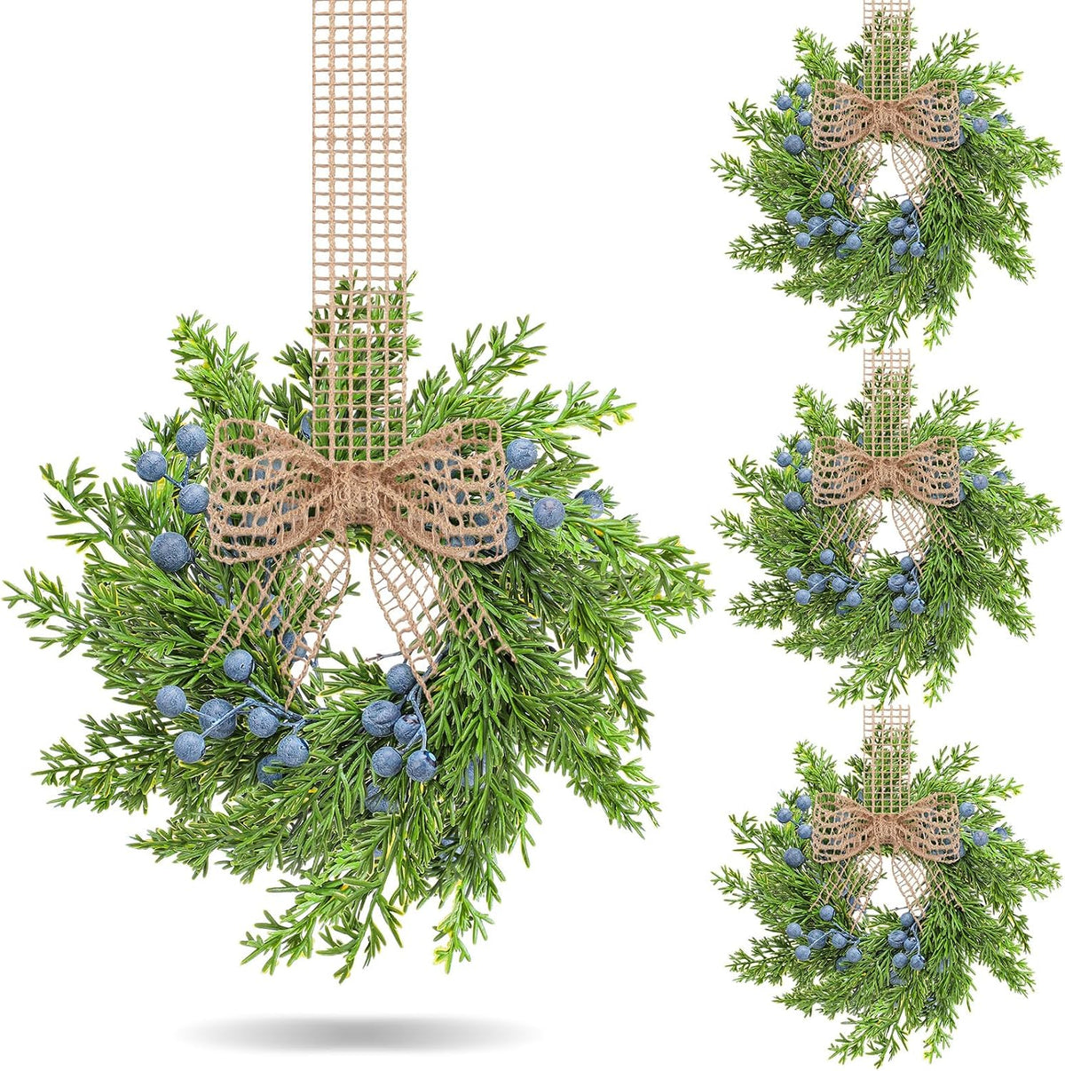 VioraWhite 6 Pcs Mini Wreaths Artificial Blue Berry with Burlap Bow Decor | Small Vintage Wreath, Fake Greenery, Retro, Farmhouse, Rustic Kitchen Cabinet Window Decor, Wedding Party Chair Wall, Hanging
