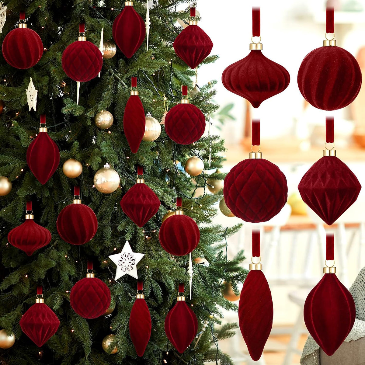 Riceshoot 24 Pcs Multi Color Flocked Velvet Christmas Ball Ornaments | Muted Tones in 6 Shapes, Soft Matte Finish, Ribbon Ready to Hang, Shatterproof Xmas Tree Wreath Garland Mantel Decor