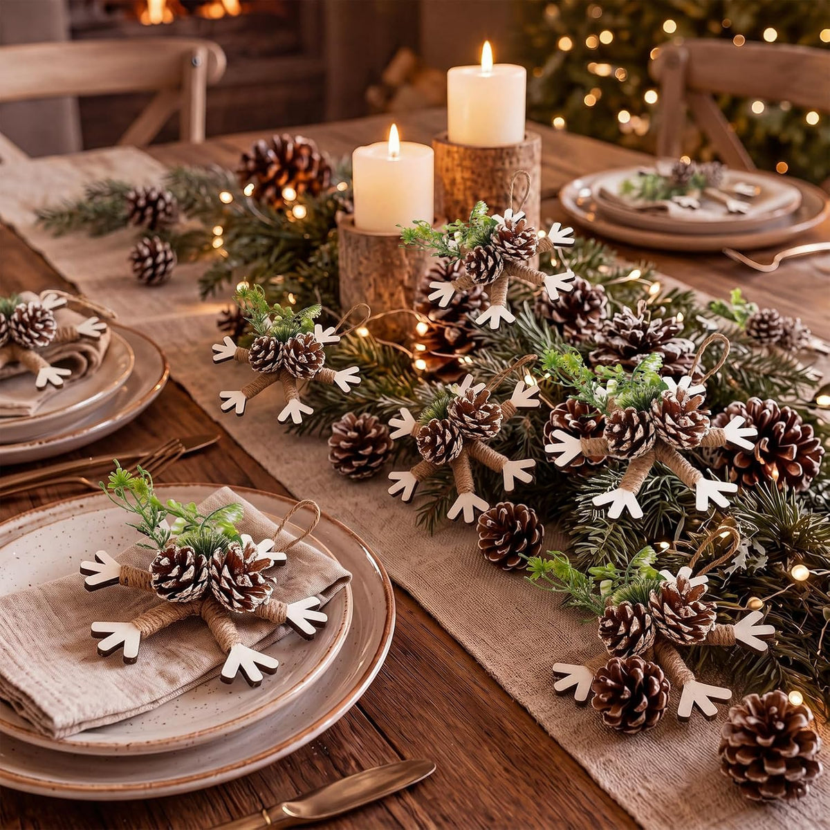 Yalikop 6 Pcs Large 5.9'' Christmas Snowflake Ornaments Rustic Wooden Decor | Farmhouse Snowflake Hanging with Pine Cone Mixed Greenery and Hemp Rope Xmas Decorations for Xmas Tree Mantle Fireplace
