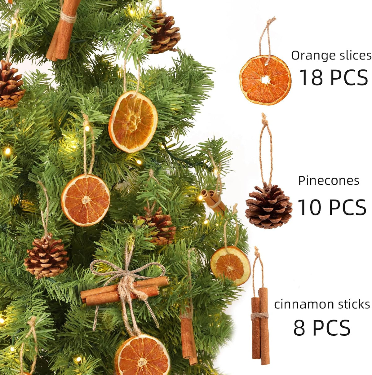 Christmas Decorations - 36Pcs Natural Orange Slices Cinnamon Pinecones | Set with Jute Hangers Unique Craft Ornaments Bulk for Xmas Tree Holiday Farmhouse Rustic Decor Indoor