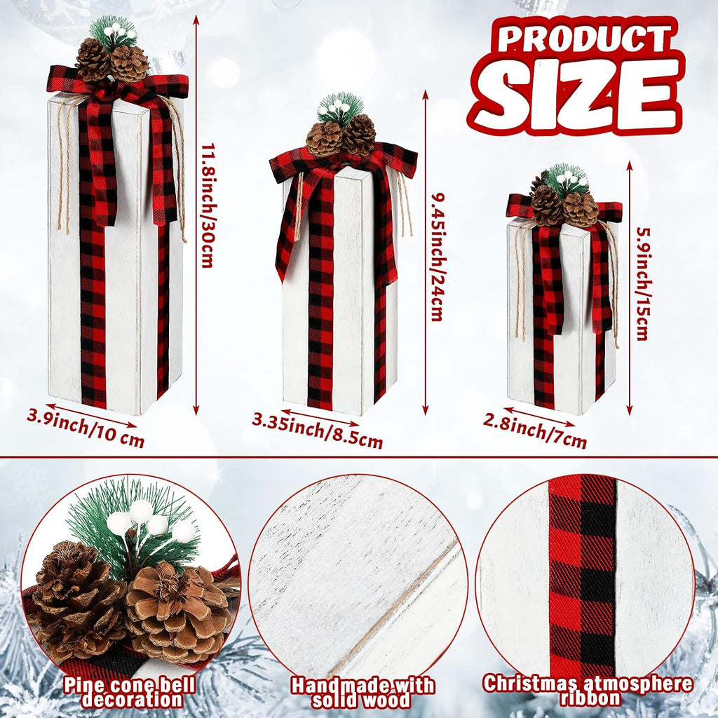Huwena 3 Pcs Large Christmas Rustic Wood Presents 3 Sizes Christmas Table Centerpieces Christmas Tiered Tray Decor Gift Christmas Xmas Decor Wooden Faux Blocks with Buffalo Plaid Bowknot for Holiday