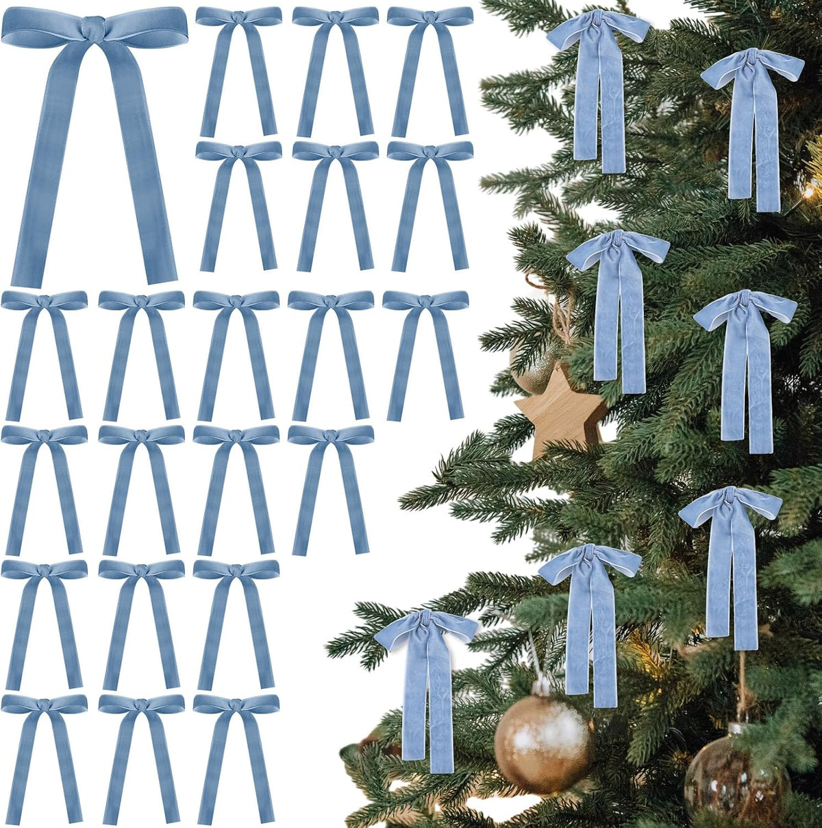 Glitinsel 24 Pcs Velvet Christmas Tree Bow, 10x18,1 w, Pastel | Vintage Christmas Ornaments Bow Velvet Ribbon Bows for Christmas Tree Garland Wreath Holiday Home Decorations