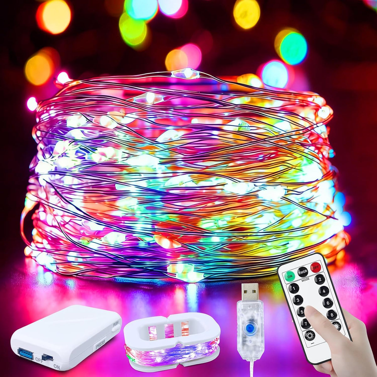 FWYWNL 2 Pcs RGB Smart IC Fairy Lights 16Ft 50LED String Lights with Remote | USB & Battery Powered, Mini Lights & Timer, Music Sync Waterproof Twinkle Lights for Outdoor Wedding Bedroom Christmas Decor
