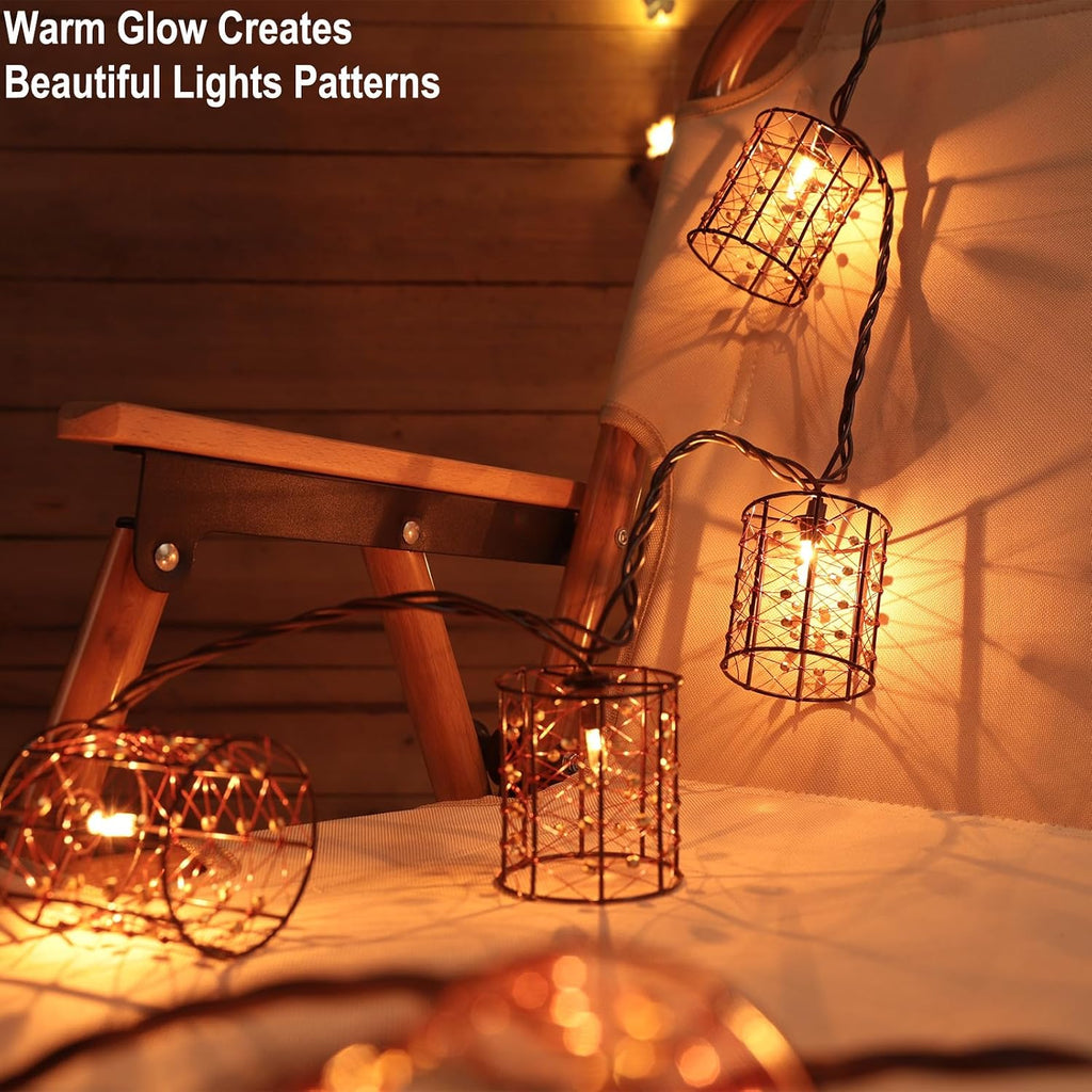 Outdoor Patio String Lights Plug in with 10 Incandescent Bulbs, Handwoven Beaded Copper Wire Style Decorative Lantern String Lights Connectable Weatherproof for Pergola, Porch, Mantel, Indoor Decor