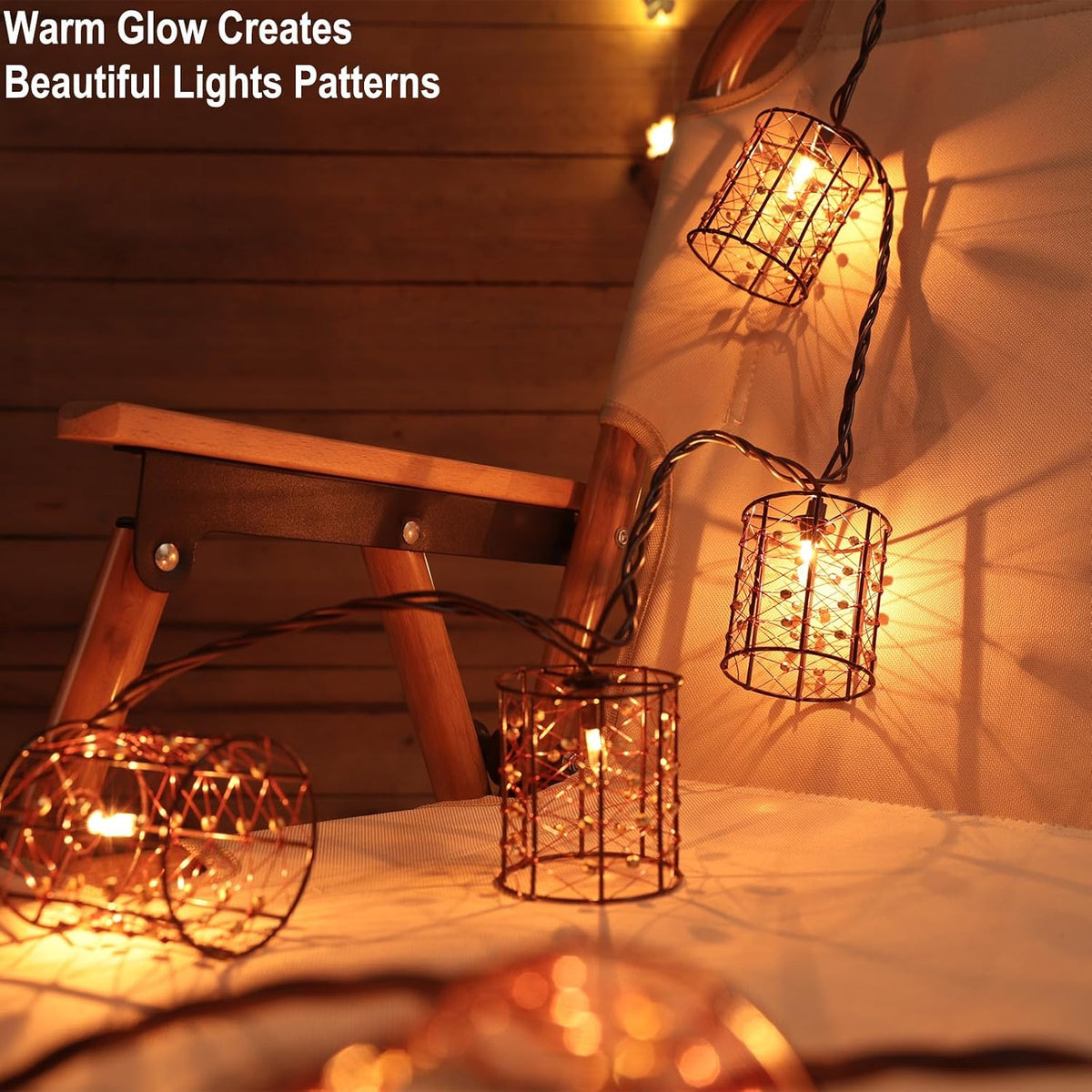 Outdoor Patio String Lights Plug in with 10 Incandescent Bulbs, Handwoven Beaded Copper Wire Style Decorative Lantern String Lights Connectable Weatherproof for Pergola, Porch, Mantel, Indoor Decor