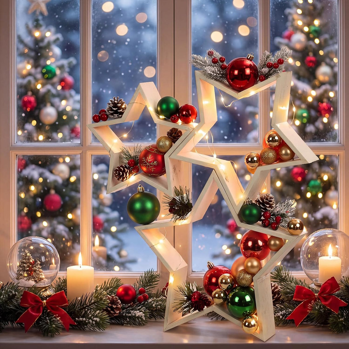 Cinnvoice 3 Pcs Christmas Wooden Decoration for Home Mantel Tabletop | Farmhouse Stars with Hollow Frame, Three Sizes for DIY Ornaments, Mantel Displays and Xmas Holiday Styling, Table Centerpiece