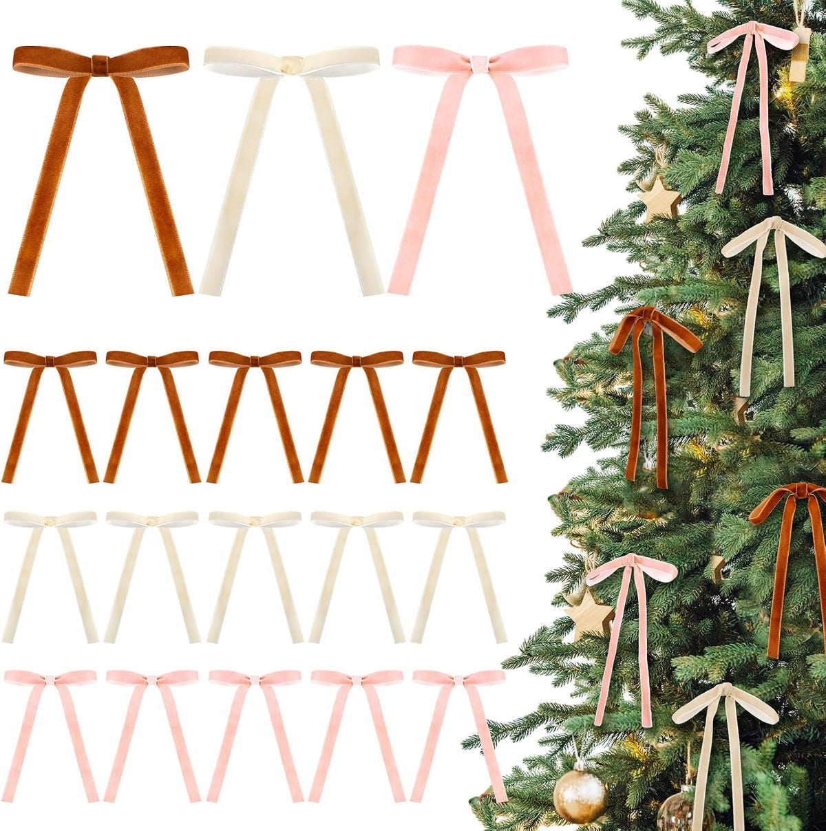 Glitinsel 24 Pcs Velvet Christmas Tree Bow, 10x18,1 w, Pastel | Vintage Christmas Ornaments Bow Velvet Ribbon Bows for Christmas Tree Garland Wreath Holiday Home Decorations