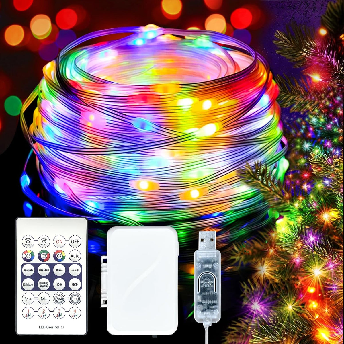 FWYWNL 2 Pcs RGB Smart IC Fairy Lights 16Ft 50LED String Lights with Remote | USB & Battery Powered, Mini Lights & Timer, Music Sync Waterproof Twinkle Lights for Outdoor Wedding Bedroom Christmas Decor