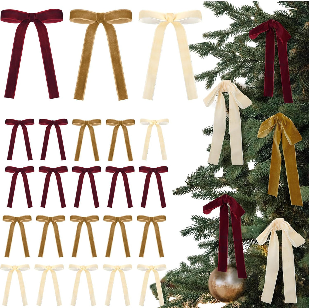 Glitinsel 24 Pcs Velvet Christmas Tree Bow, 10x18,1 w, Pastel | Vintage Christmas Ornaments Bow Velvet Ribbon Bows for Christmas Tree Garland Wreath Holiday Home Decorations