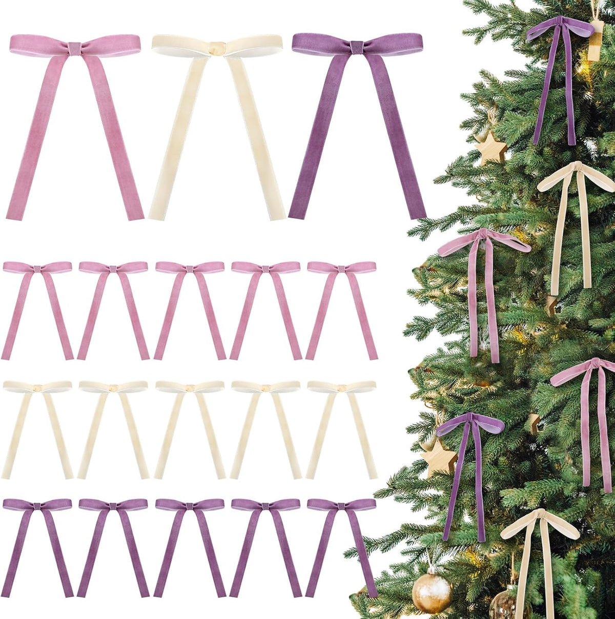 Glitinsel 24 Pcs Velvet Christmas Tree Bow, 10x18,1 w, Pastel | Vintage Christmas Ornaments Bow Velvet Ribbon Bows for Christmas Tree Garland Wreath Holiday Home Decorations