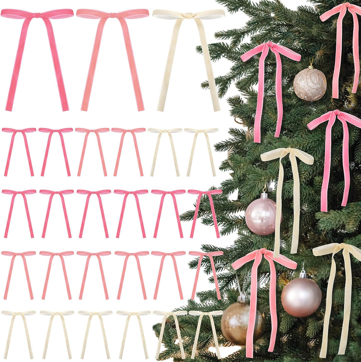 Glitinsel 24 Pcs Velvet Christmas Tree Bow, 10x18,1 w, Pastel | Vintage Christmas Ornaments Bow Velvet Ribbon Bows for Christmas Tree Garland Wreath Holiday Home Decorations