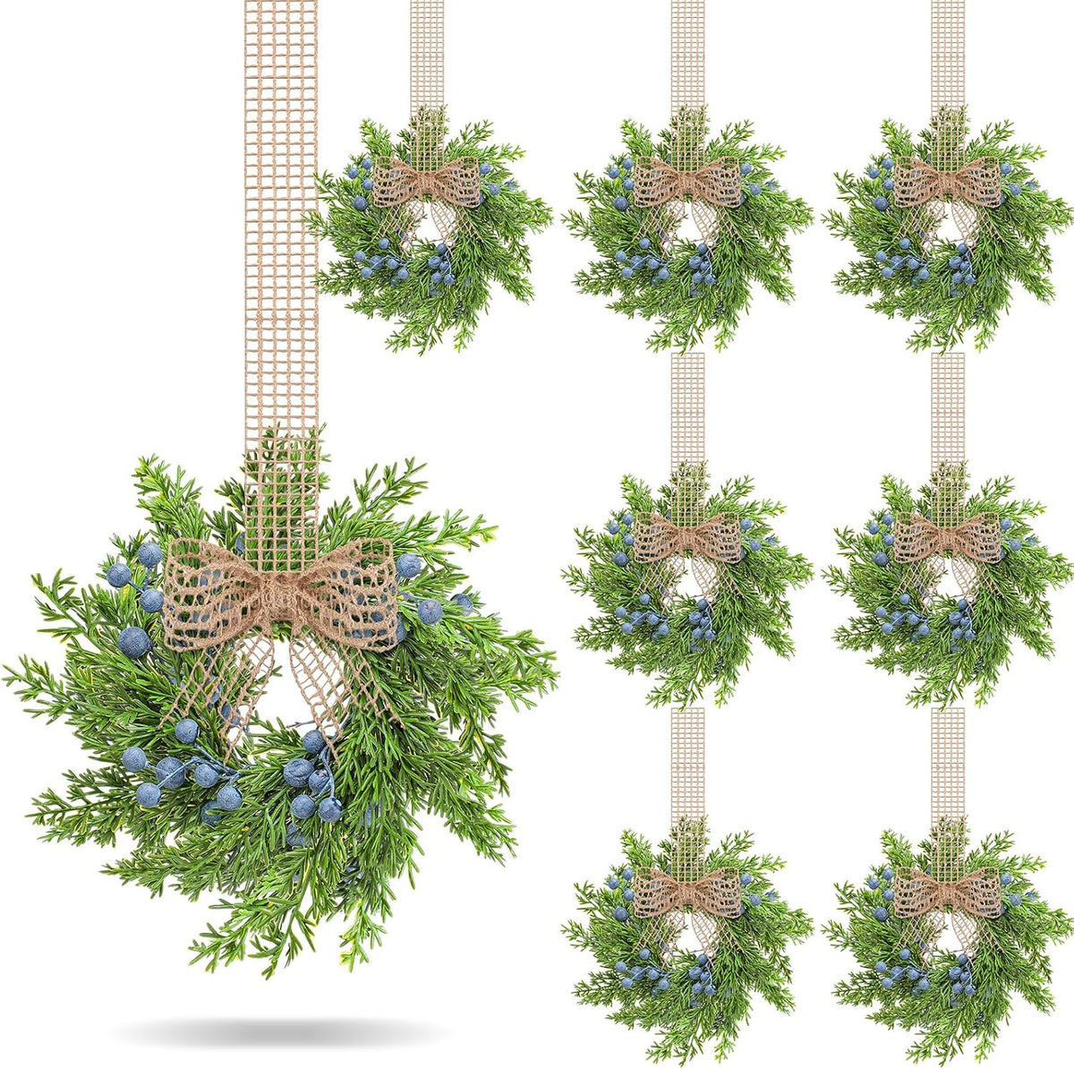 VioraWhite 6 Pcs Mini Wreaths Artificial Blue Berry with Burlap Bow Decor | Small Vintage Wreath, Fake Greenery, Retro, Farmhouse, Rustic Kitchen Cabinet Window Decor, Wedding Party Chair Wall, Hanging