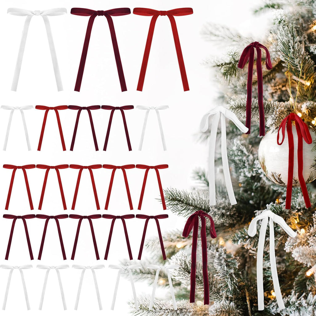 Glitinsel 24 Pcs Velvet Christmas Tree Bow, 10x18,1 w, Pastel | Vintage Christmas Ornaments Bow Velvet Ribbon Bows for Christmas Tree Garland Wreath Holiday Home Decorations