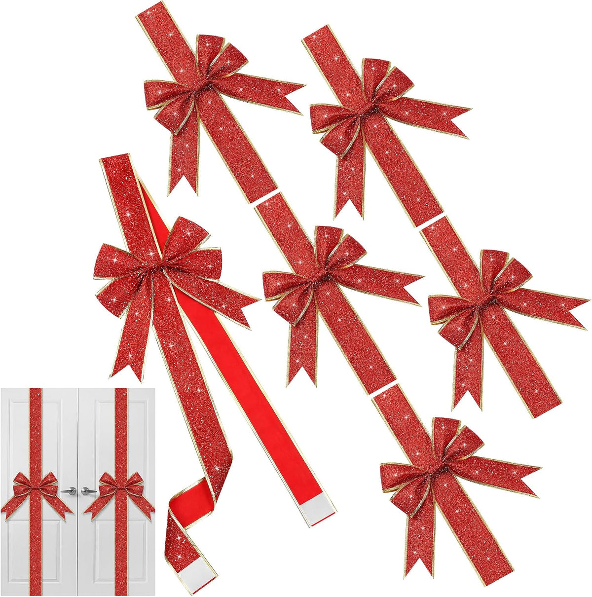 MCEAST 6-Piece Christmas Cabinet Bows, Red & Green Polka Dot, 10x87 Inches, Polyester, Christmas Occasion