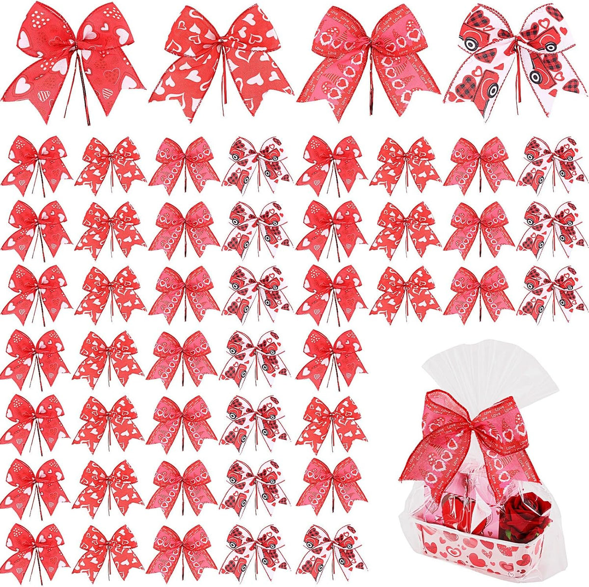 Daifunli 48 Pcs 6 Inch Christmas Bows for Wreaths | Polyester Bows in 4 Patterns, Built-in Cable Ties, Christmas Gifts, Baskets, Wreaths And Party Decor