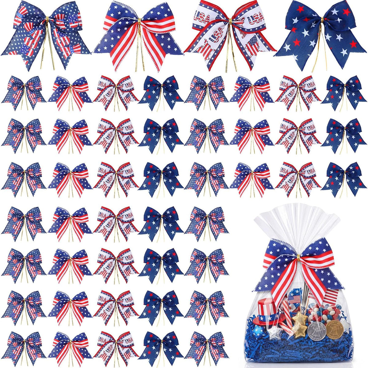 Daifunli 48 Pcs 6 Inch Christmas Bows for Wreaths | Polyester Bows in 4 Patterns, Built-in Cable Ties, Christmas Gifts, Baskets, Wreaths And Party Decor